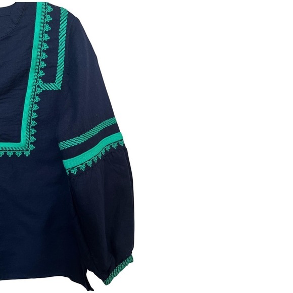 J Crew Blouse Womens 2 Navy Blue Green Embroidered Peasant Boho Top‎ Tassel Trim - Picture 8 of 11
